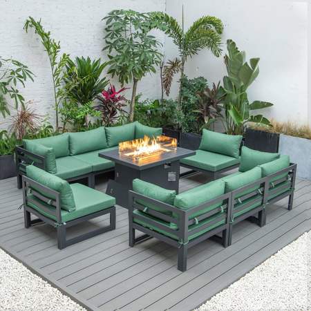 LEISUREMOD Chelsea 9-Piece Patio Sectional with Fire Pit Table Black Aluminum With Green Cushions CSCMFBL-8G